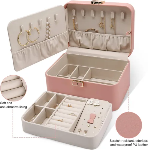Vista 2 de KAMIER Joyeros para mujer 2 capas de piel sintética caja de joyería de viaje gran capacidad doble cerradura y espejo grande ganchos ocultos