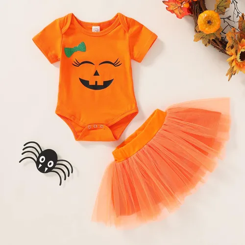 Vista 3 de Ropa de Halloween para bebé niña con sonrisas de calabaza y falda tutú, trajes de Halloween