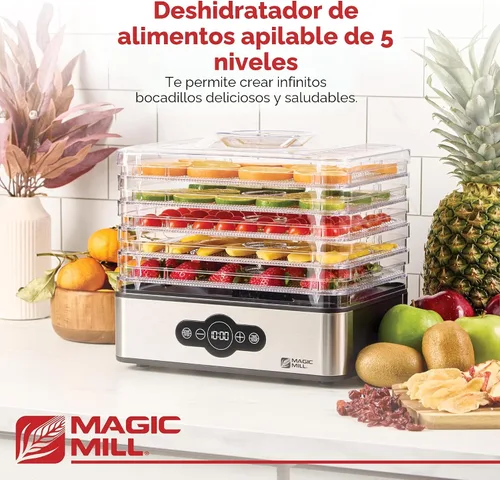 Vista 2 de Magic Mill Máquina deshidratadora de alimentos 5 bandejas apilables de acero inoxidable, temporizador ajustable digital de 48 horas y control