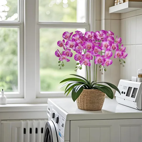 Vista 4 de Htmeing 2 tallos de orquídeas artificiales de tacto real, orquídeas falsas Phalaenopsis para centro de mesa, hogar, cocina, boda, fiesta, decoración