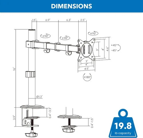 Vista 8 de Mount-It! Soporte de escritorio para dos monitores, soporte para pantallas de computadora LCD LED, atril con abrazadera con dos brazos articulables
