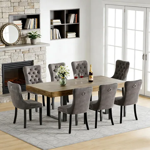 Vista 23 de Juego de mesa de comedor extensible de 5 piezas para 4, mesa de cocina de madera marrón de 63-78.7 pulgadas con 4 sillas acolchadas beige, juego