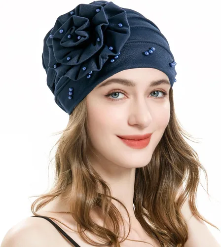 Vista 12 de ZLYC Gorro de verano para mujer, gorro elástico de quimioterapia con flores Blanco floral