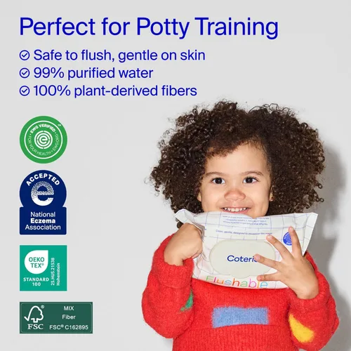 Vista 3 de Toallitas desechables Coterie para niños pequeños, diseñadas para el entrenamiento del orinal, seguras para pieles sensibles, hipoalergénicas, 99%