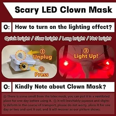 Vista 3 de Disfraz de payaso para niños adultos, disfraces aterradores de Halloween con máscara de payaso LED, globos, kit de maquillaje para fiesta