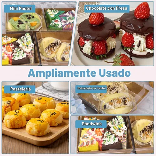 Vista 7 de Paquete de 50 cajas de papel para embutidos con tapas transparentes, recipientes cuadrados marrones de 4.3 pulgadas, cajas de postre de papel kraft