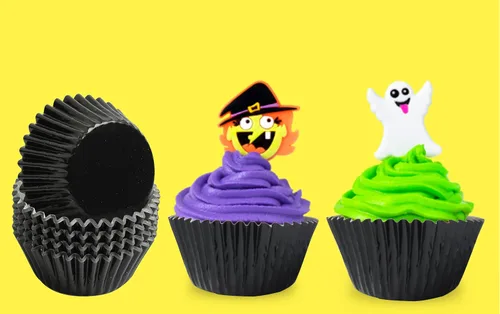 Vista 8 de Forros para cupcakes de papel de aluminio negro, 100 tazas de papel metálico para hornear para fiestas de cumpleaños, bodas o baby showers