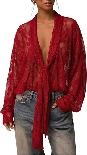Vista 9 de SOLY HUX Blusa de encaje para mujer, manga larga, malla transparente con lazo frontal Marrón (pure brown)