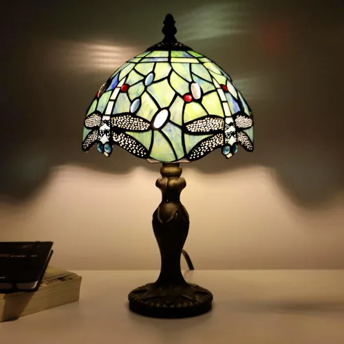 Vista 16 de Lámpara de mesa de hongo Tiffany estilo libélula lámpara de acento de vidrio teñido azul marino base de vidrio marrón azul 8X8X12 pulgadas