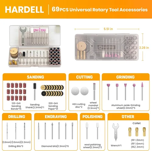 Vista 2 de HARDELL Kit de 69 piezas de accesorios para herramientas rotativas con mandriles de 1.0/1.6/2.3mm para pequeños proyectos de bricolaje, corte