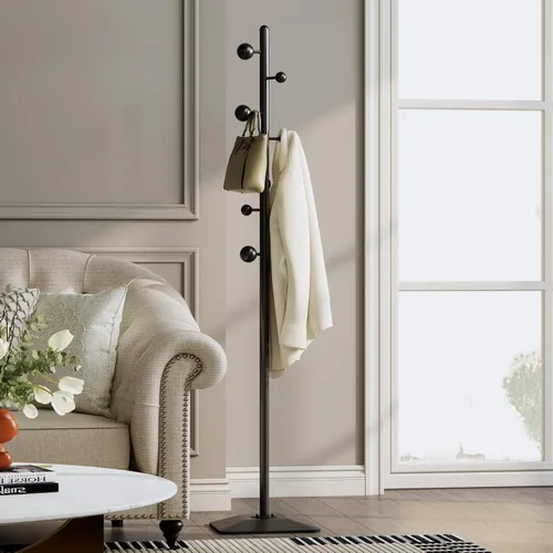 Vista 4 de Perchero de pie, Árbol de abrigos de pie resistente con 7 ganchos de bola, Soporte para colgar abrigos con base de metal para entrada, pasillo