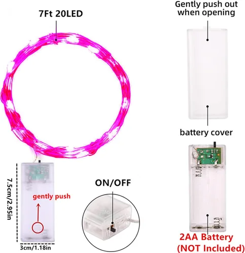 Vista 2 de Mini luces de hadas rosas, funcionan con pilas, 20 luces LED con cable plateado de 7 pies, luces de hadas para decoración de Navidad, Halloween