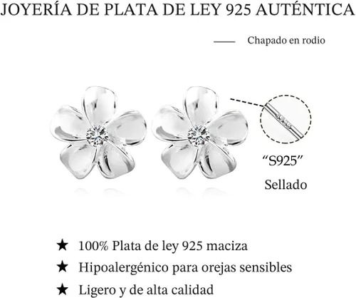 Vista 7 de Reffeer Pendientes de botón de plata de ley 925 con flor de plumeria para mujeres y adolescentes, con cristal A-Plata