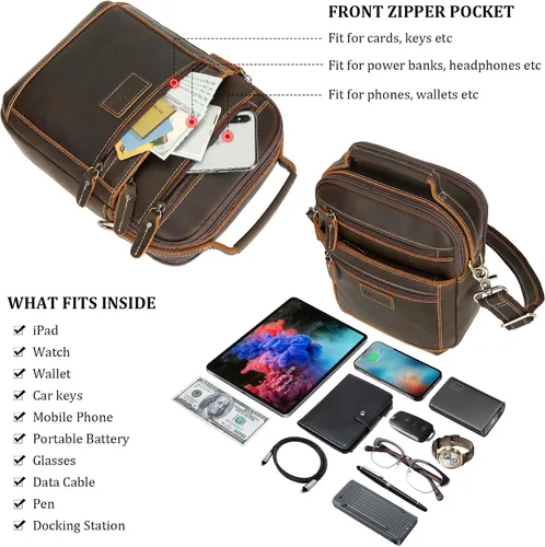 Vista 4 de Polare - Bolso de mensajero de cuero italiano de grano completo, estilo vintage, bolso cruzado al hombro, estilo casual, bolso de negocios
