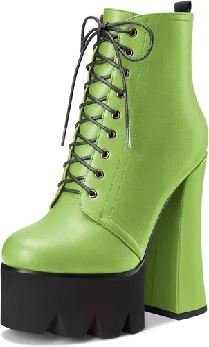 Vista 13 de HDEUOLM Botas de tobillo con tacón alto de bloque grueso para mujer, puntera redonda, botines cortos con cordones y cremallera, zapatos clásicos