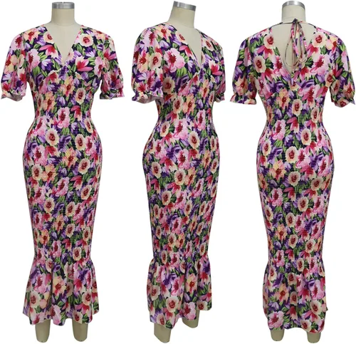 Vista 6 de Vestido sexy de manga corta con cuello en V profundo para mujer, estampado floral, con volantes, para fiesta y club