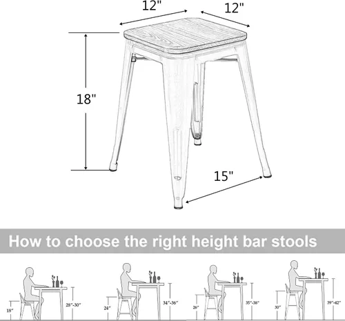 Vista 3 de HAOBO Home Taburete de metal industrial moderno con asiento de madera [Juego de 4] Silla de comedor apilable de 18 pulgadas, taburetes cortos Sin