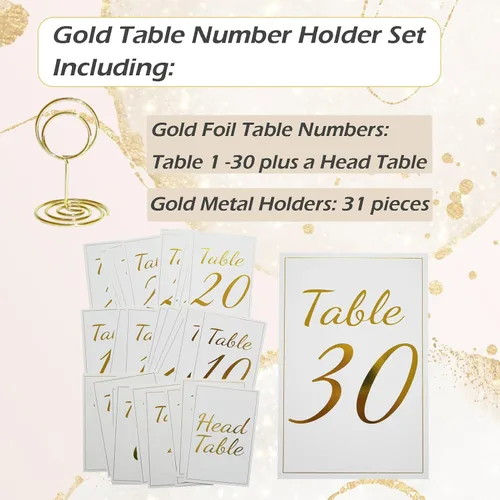 Vista 5 de Tarjetas de números de mesa doradas del 1 al 30 con tarjeta de mesa principal y tarjeteros de lugar