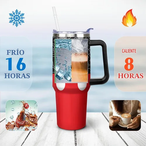 Vista 3 de Sunmdecor Vaso de 40 oz con asa y pajitas de silicona, vaso aislado para café con asa, vaso de 40 oz con asa Diseño-01