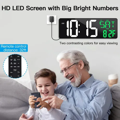 Vista 2 de Reloj de pared digital grande de 17 pulgadas con control remoto, atenuador automático, temperatura de fecha, temporizador Large clear display
