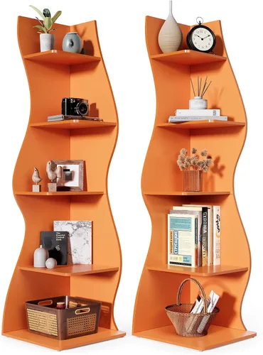 Vista 20 de LITTLE TREE Estantería de esquina pequeña, estantería moderna de esquina de pared de 5 niveles para libros, elegante librero estante