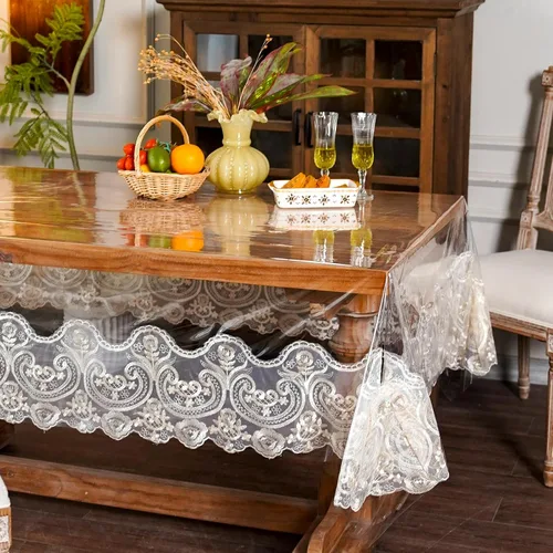 Vista 5 de ARTABLE Mantel rectangular de vinilo de PVC, impermeable, transparente, con borde de macramé de encaje champán, para boda, cocina, hogar