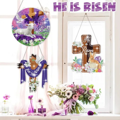 Vista 2 de Menkxi 3 piezas de arte de diamantes de Pascua para adultos, kit de pintura de diamante con cruz de He is resucitado, 5D, bricolaje, religioso
