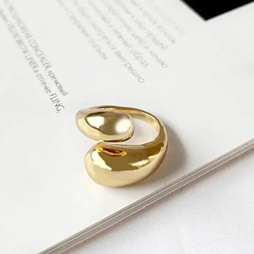 Vista 4 de KURTCB Anillo abierto grueso chapado en oro de 14 quilates, minimalista, ajustable, lágrima, ancho, atrevido anillo para mujeres y niñas, Metal, Oro