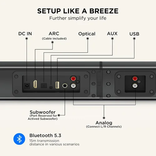 Vista 7 de Barra de sonido de 2.0 canales de 100 W para Smart TV, altavoz Bluetooth 5.3 desmontable 2 en 1 con 3 modos de ecualización y graves ajustables