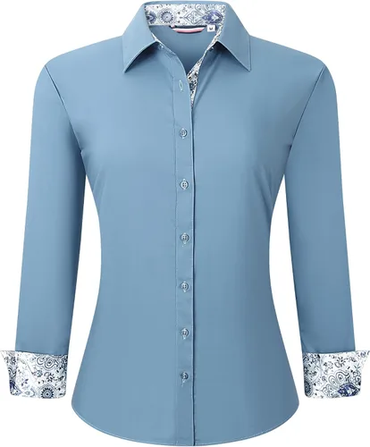 Vista 6 de WARHORSEE Blusas de vestir de manga larga con botones de algodón para mujer, blusas de trabajo elegantes de fácil cuidado, blusas casuales