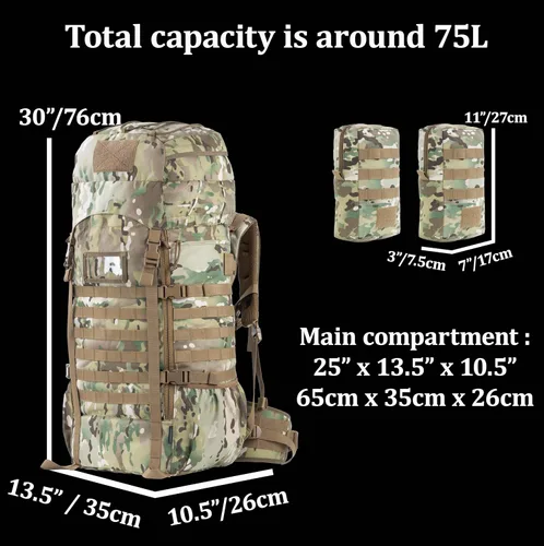 Vista 2 de Mochila táctica 75L con marco interno, MOLLE y sistema de hidratación En Camo