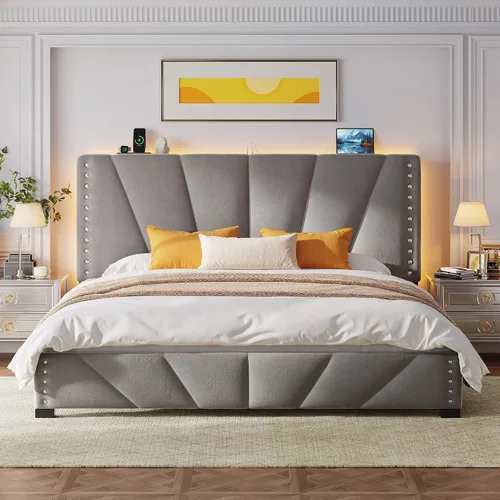 Vista 18 de EnHomee Base de cama individual con luces LED y USB, sin ruido, color beige