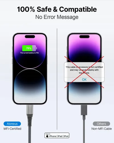 Vista 8 de Cargador para iPhone [certificado Apple MFi] Paquete de 2 cables Lightning de 10 pies de largo, cable de carga rápida de nailon trenzado