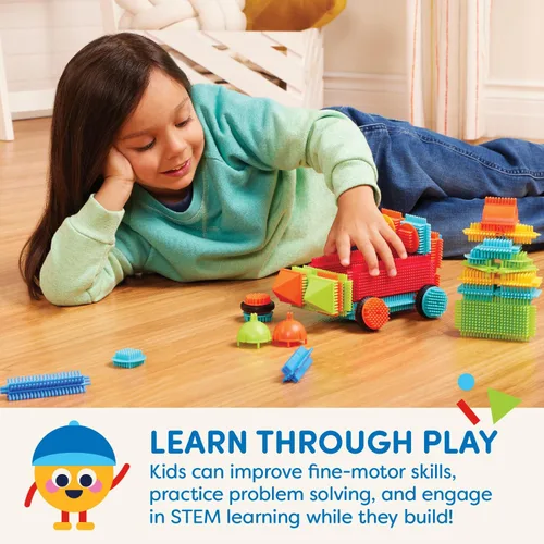 Vista 4 de Juego de bloques Battat Bristle Blocks de 113 piezas Interlocking blocks in bright colors and shapes with wheels for movable builds and easy