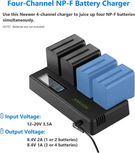 Vista 3 de Neewer Cargador de Batería de 4 Canales NP-F con Pantalla LCD y Adaptador de Energía, Compatible con Baterías Li-ion de Sony NP-F550 F570 F750 F770
