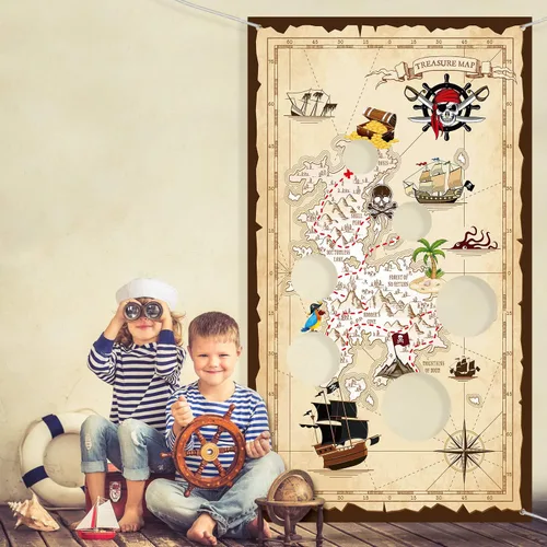 Vista 6 de Blulu Juego de lanzamiento de bolsas de puf pirata con 3 bolsas de frijoles para niños, decoraciones de fiesta temática pirata de Halloween