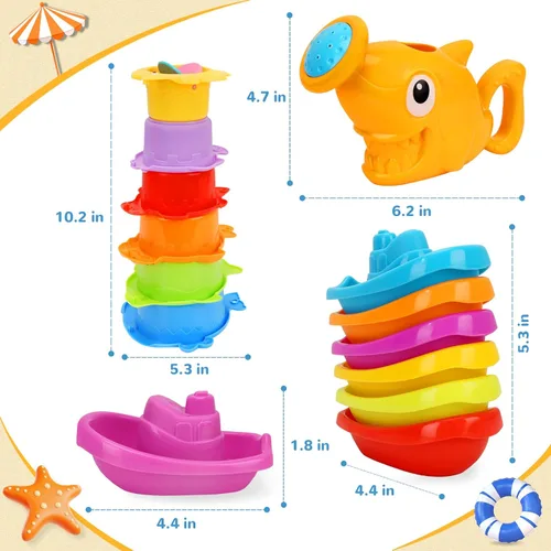 Vista 7 de Juguetes de baño para niños de 1 a 3 años, juguetes de baño para niños con botes flotantes, cuchara de baño, 13 juguetes de bañera para bebés, mesa