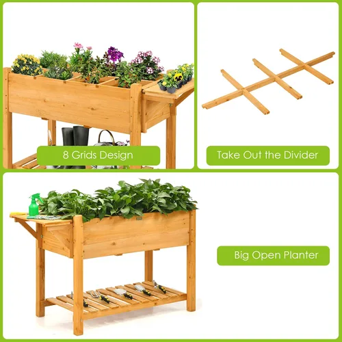 Vista 4 de GIANTEX Maceta elevada, caja de jardín elevada con 8 rejillas y mesa de trabajo lateral, contenedor de madera para plantas al aire libre patio