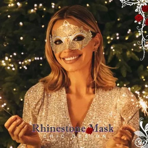Vista 5 de Nicute Máscara de mascarada de metal brillante con diamantes de imitación para fiesta, bar, graduación, máscara veneciana, accesorio para disfraces