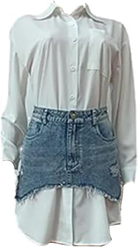 Vista 4 de Conjunto sexy de 2 piezas para mujer, con botones, manga larga, mini, camisa, falda de mezclilla