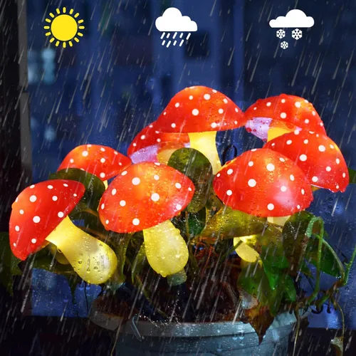 Vista 4 de Paquete de 8 luces solares de hongos rojos para decoración de jardín al aire libre