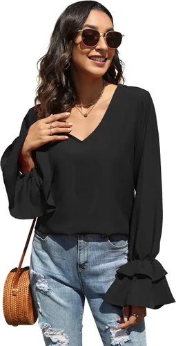 Vista 5 de LYANER - Blusa de manga larga con cuello en V y volantes escalonados para mujer, estilo túnica, estilo casual negro#