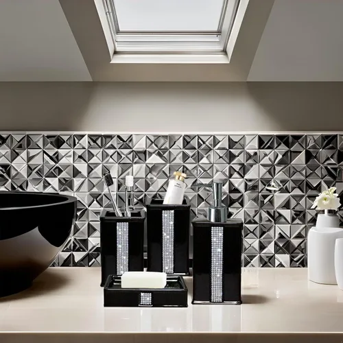 Vista 4 de Juegos de Accesorios de Baño para Baño, Juego de Dispensador de Jabón de Baño Negro, Bomba Dispensadora de Líquido de Cerámica, 2 Vasos Tumbler