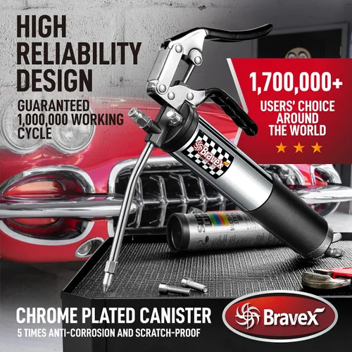 Vista 2 de Bravex - Pistola engrasadora profesional resistente con agarre de pistola, 6000 PSI - Manguera flexible de 457 mm