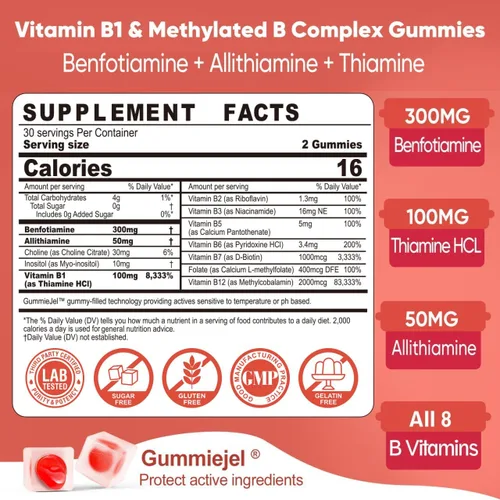 Vista 2 de Gomitas de vitamina B1 benfotiamina tiamina allitiamina, triple B1, 60