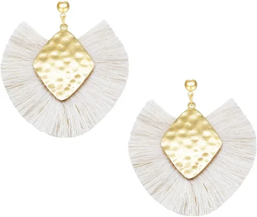 Vista 43 de Aretes de aro con borla, aretes colgantes de hilo de declaración, elegantes aretes largos con flecos, ligeros, largos y con gancho francés, para un