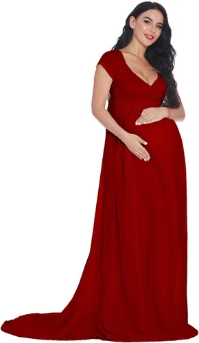 Vista 3 de ZIUMUDY Vestido de gasa de maternidad envuelto de manga corta con frente cruzado para fotografía maxi vestido para baby shower