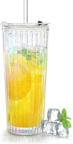 Vista 10 de Puraville Vaso de vidrio de 18 onzas con tapa y pajilla, cristalería gruesa con patrón de diamante vintage para whisky, cóctel, cerveza, vaso