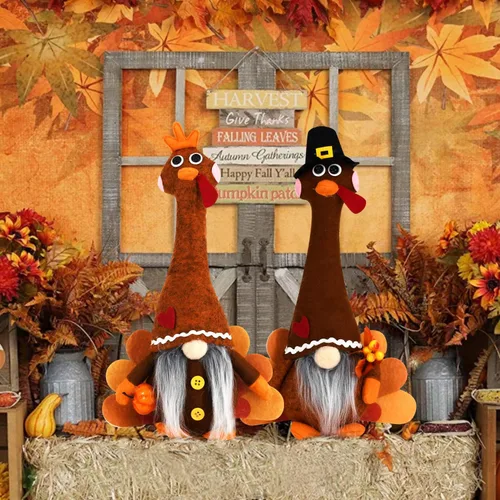 Vista 3 de YuQi Juego de 2 gnomos de otoño, decoración de gnomos de pavo de Acción