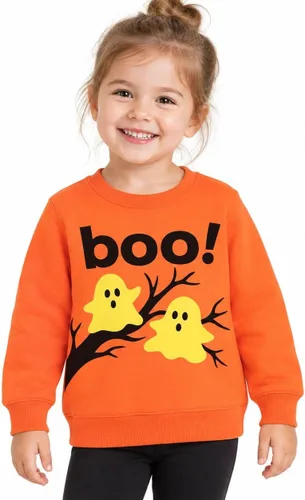 Vista 11 de HILEELANG Sudaderas de Halloween para niños pequeños, de algodón, sin botones, con estampado de calabaza, murciélago, boo, para niños y niñas